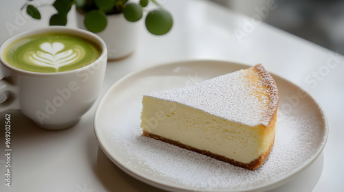 A soft, creamy slice of Japanese cheesecake dusted with powdered sugar and paired with a small cup of matcha latte on a clean white table