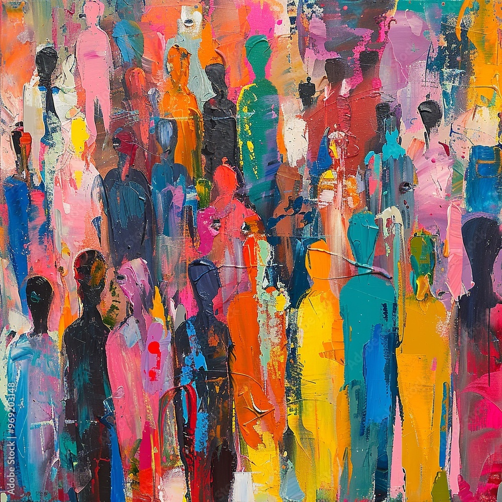 Naklejka premium An expressive abstract painting featuring a multitude of indistinct figures in a spectrum of colors. The vibrant background enhances the theme of unity and diversity in this visually stunning composit