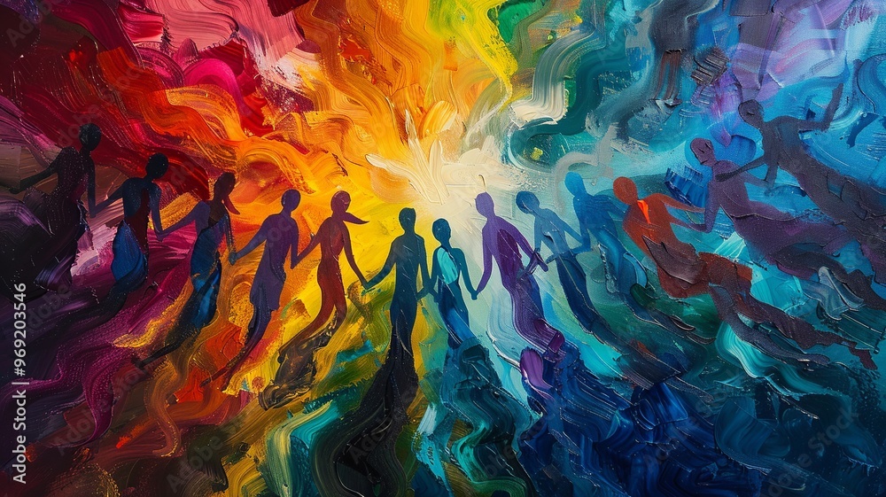 An expressive abstract painting featuring a multitude of indistinct figures in a spectrum of colors. The vibrant background enhances the theme of unity and diversity in this visually stunning composit An expressive abstract painting featuring a multitude of indistinct figures in a spectrum of colors. The vibrant background enhances the theme of unity and diversity in this visually stunning composit