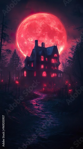 Chilling Halloween night scene ghostly figures bats glowing full moon wallpaper