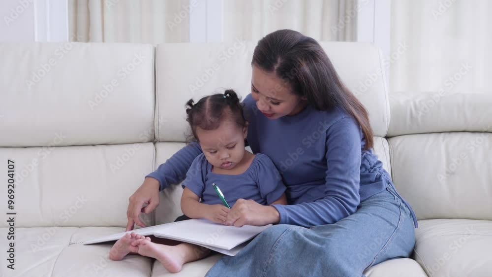 Mother and daughter are learning to write, mother teaching her daughter how to write