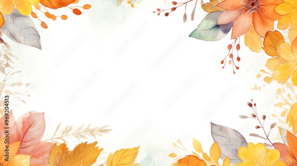 Autumn leaves frame on white background. Elegant watercolor design for invitation and greeting card with space for text. Copy space Autumn leaves frame on white background. Elegant watercolor design for invitation and greeting card with space for text. Copy space