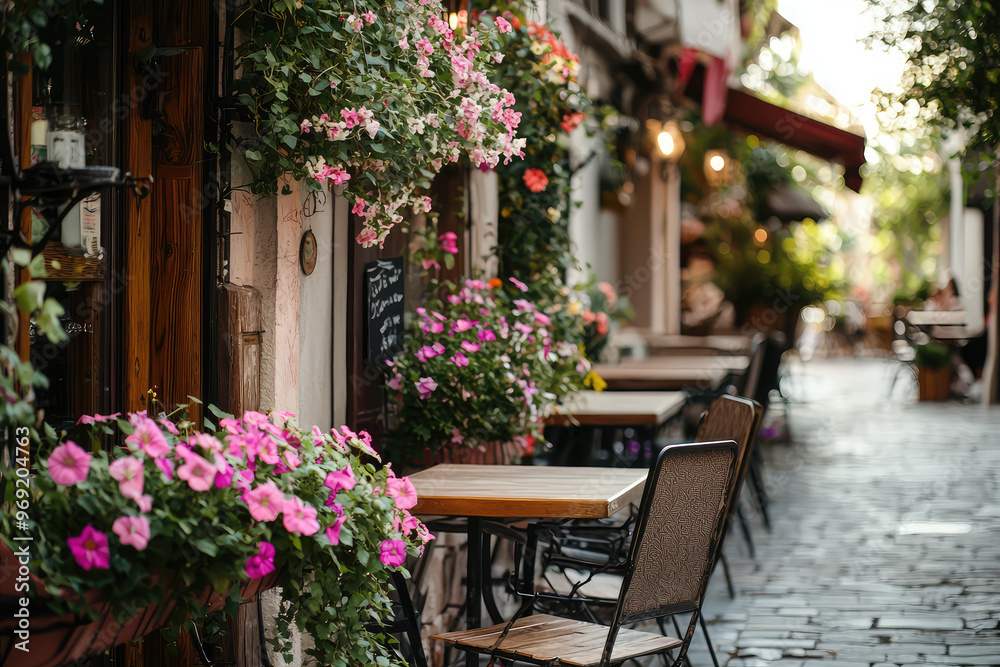 Charming cafe with outdoor seating, vibrant flowers, and cozy atmosphere Charming cafe with outdoor seating, vibrant flowers, and cozy atmosphere