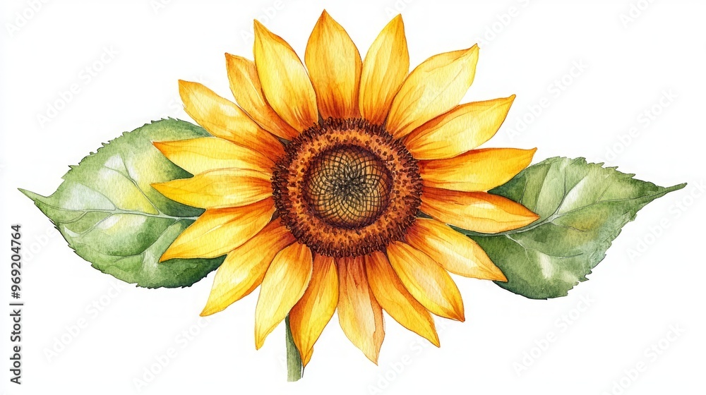 Fototapeta premium Watercolor Sunflower Art with Lush Green Leaves