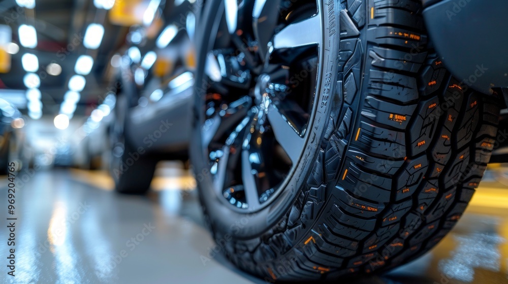 Close-up shot of black SUV's front right tire with orange rim, set in showroom with tightly aligned SUVs. Bright lighting highlights automotive design, creating visually appealing display. Close-up shot of black SUV's front right tire with orange rim, set in showroom with tightly aligned SUVs. Bright lighting highlights automotive design, creating visually appealing display.