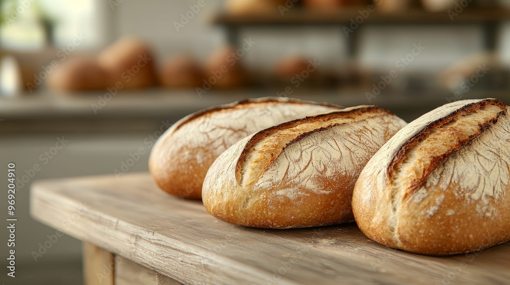Rustic Bakery Scene with Freshly Baked Artisan Bread Cooling on Wooden Counter - High Detail 8K Photo Realistic Image with Cinematic Feel and Copy Space for Text Rustic Bakery Scene with Freshly Baked Artisan Bread Cooling on Wooden Counter - High Detail 8K Photo Realistic Image with Cinematic Feel and Copy Space for Text