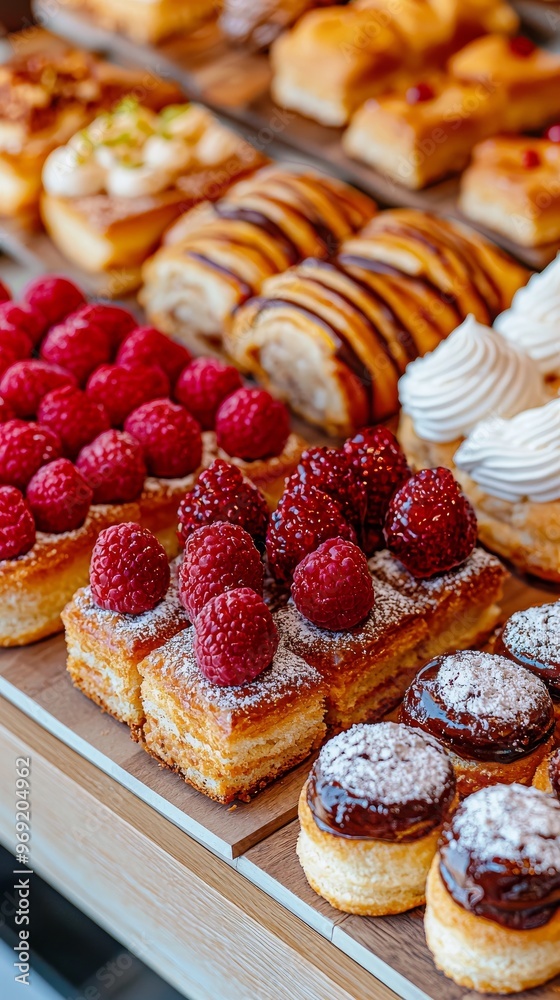 Delicate Pastries Presentation in Bakery Display - 8k Photo Realistic Close-up with Copy Space, Cinematic High Detail Shot Delicate Pastries Presentation in Bakery Display - 8k Photo Realistic Close-up with Copy Space, Cinematic High Detail Shot