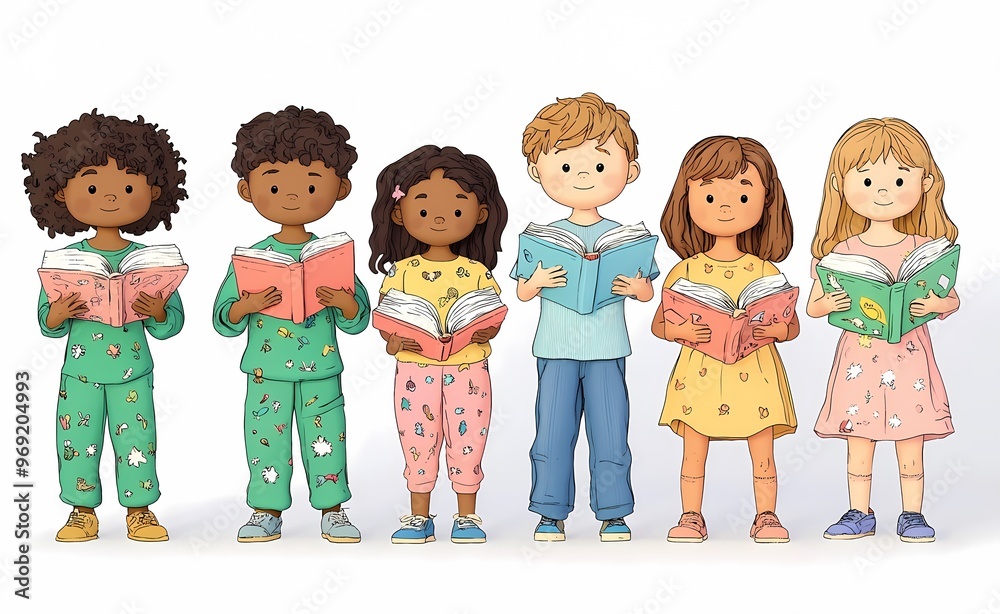 Diverse group of children joyfully reading books together in colorful pajamas. Diverse group of children joyfully reading books together in colorful pajamas.