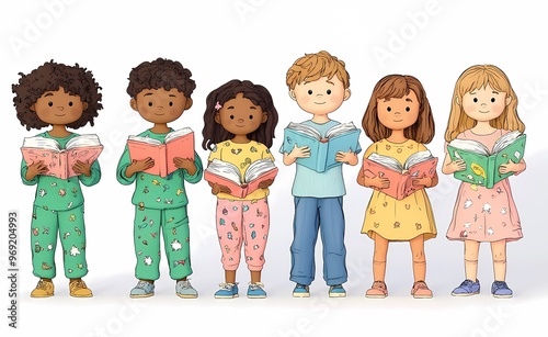 Diverse group of children joyfully reading books together in colorful pajamas.