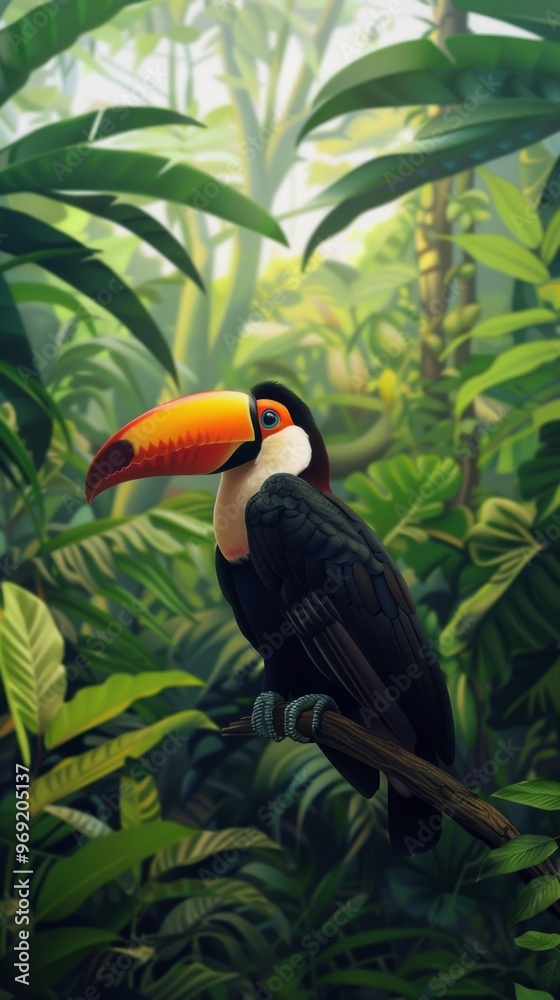 Obraz premium An illustration of a vibrant toucan with a bold beak and colorful feathers perched on a tree branch in a lush rainforest, depicting a lively scene.
