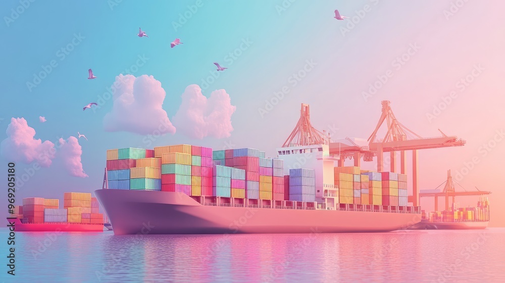 Fototapeta premium 3D rendered import-export logistics in pastel tones, flat design, visualizing global cargo transport