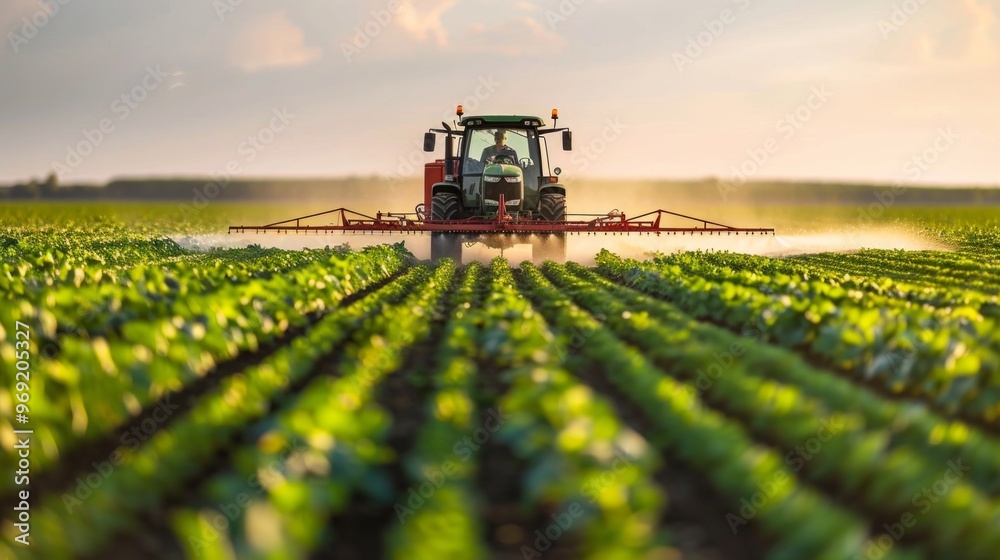 A red tractor sprays chemicals on a soybean field at sunset. The warm golden light and colorful sky create a picturesque rural scene. A red tractor sprays chemicals on a soybean field at sunset. The warm golden light and colorful sky create a picturesque rural scene.