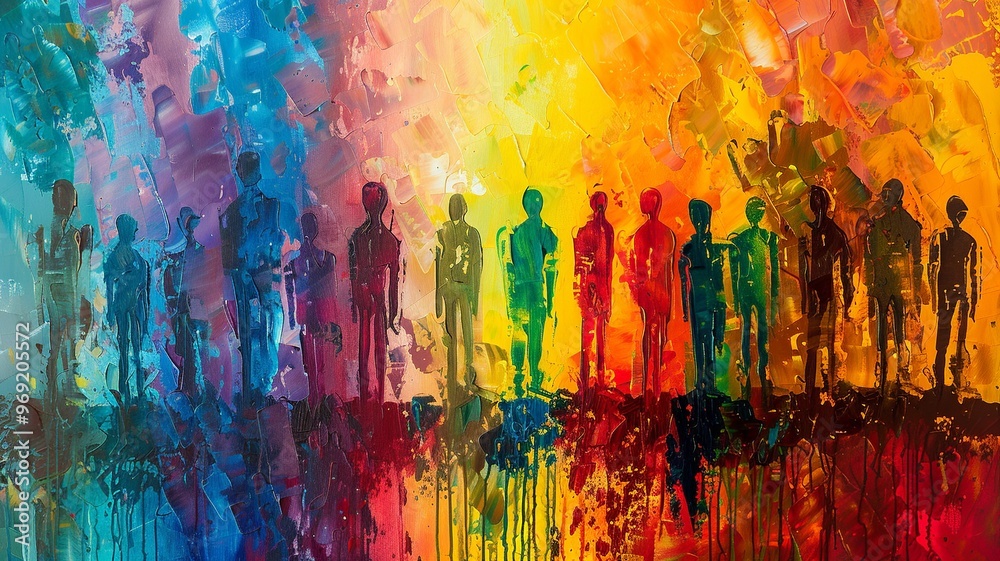 An expressive abstract painting featuring a multitude of indistinct figures in a spectrum of colors. The vibrant background enhances the theme of unity and diversity in this visually stunning composit An expressive abstract painting featuring a multitude of indistinct figures in a spectrum of colors. The vibrant background enhances the theme of unity and diversity in this visually stunning composit