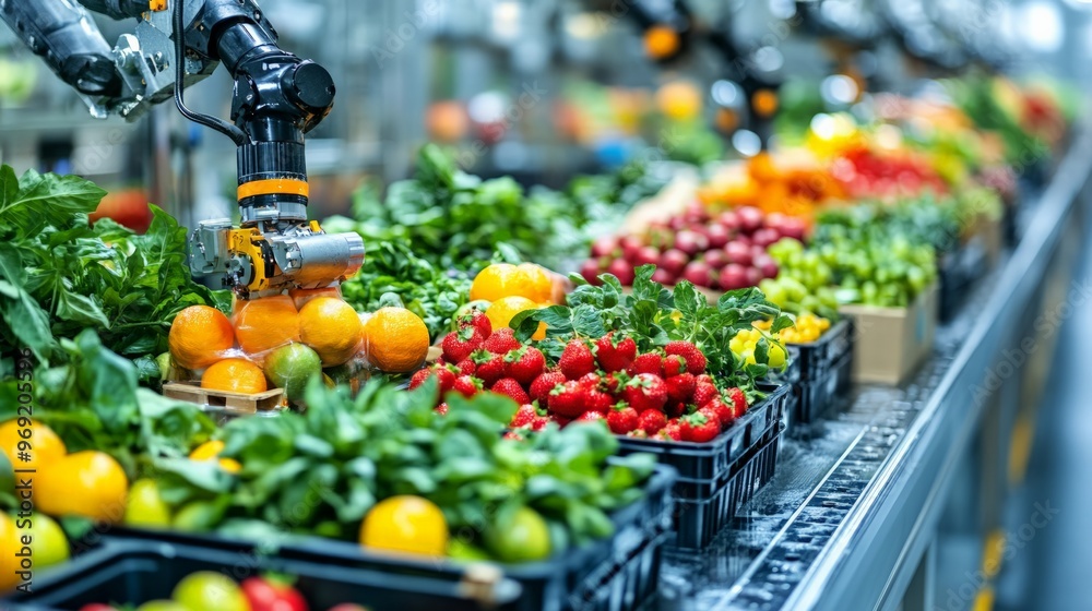 A cold storage facility with pallets of frozen foods being moved by robotic arms, demonstrating efficiency in food preservation.