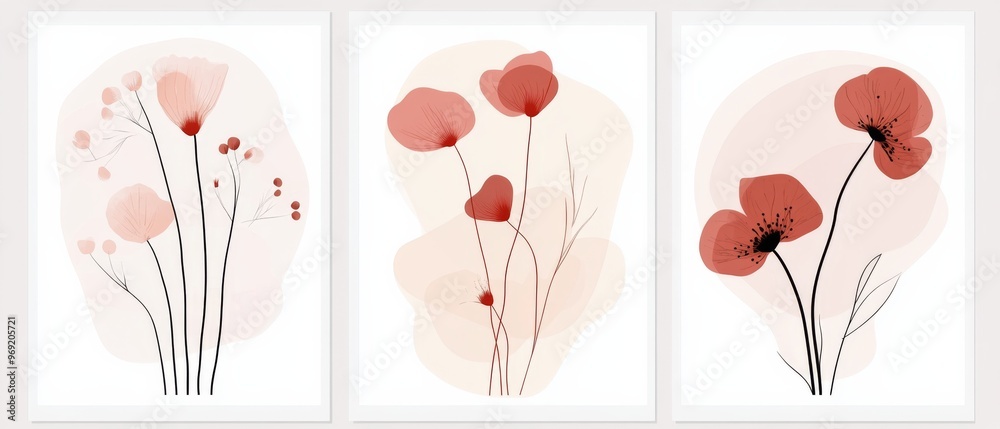 Abstract Floral Art Featuring Pink and Red Flowers on a White Background. Minimalist Vector Illustration with Simple Lines and Shapes, Presented as a Triptych. Abstract Floral Art Featuring Pink and Red Flowers on a White Background. Minimalist Vector Illustration with Simple Lines and Shapes, Presented as a Triptych.