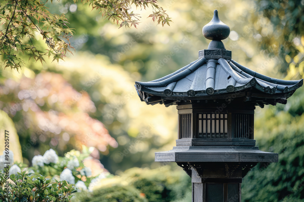 A traditional Japanese pagoda stands gracefully in serene garden setting