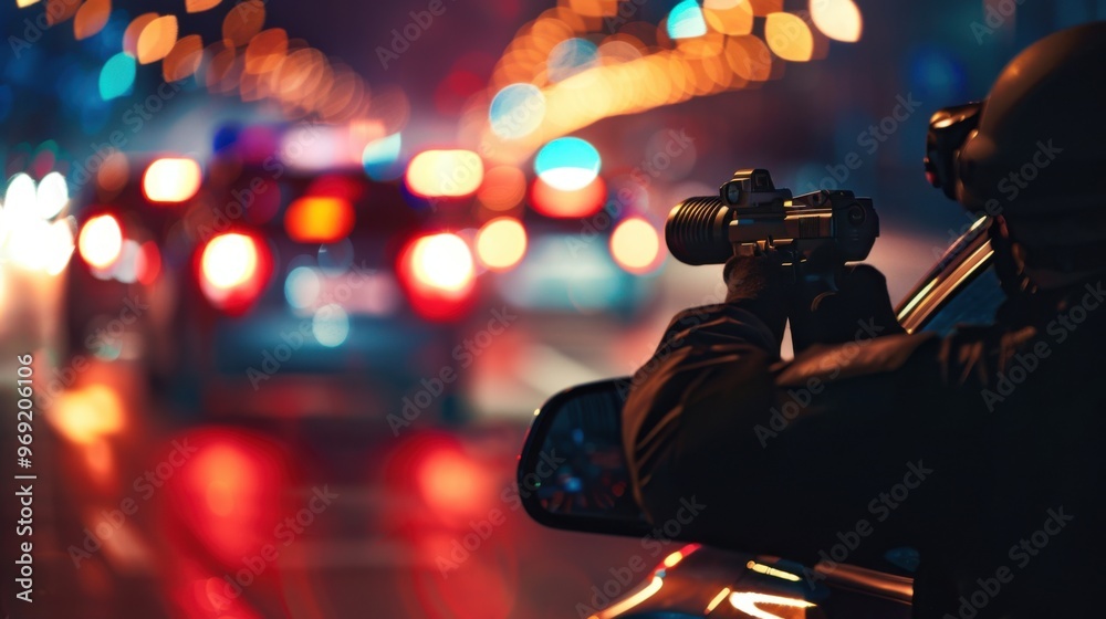 Police officer aiming speed radar gun at oncoming traffic Police officer aiming speed radar gun at oncoming traffic