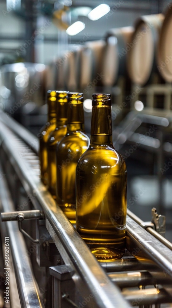 An industrial scene with empty glass bottles on a conveyor belt, ready for processing. Wooden barrels add to the setting's ambiance, hinting at beverage production in a dynamic facility. An industrial scene with empty glass bottles on a conveyor belt, ready for processing. Wooden barrels add to the setting's ambiance, hinting at beverage production in a dynamic facility.