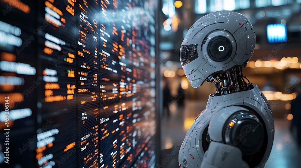 Fototapeta premium A robot carefully analyzes data on a sleek digital screen, its intelligence shining through.