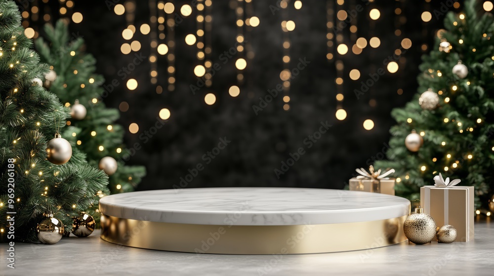 Empty Luxury Product Display Podium with Christmas Theme Background Empty Luxury Product Display Podium with Christmas Theme Background