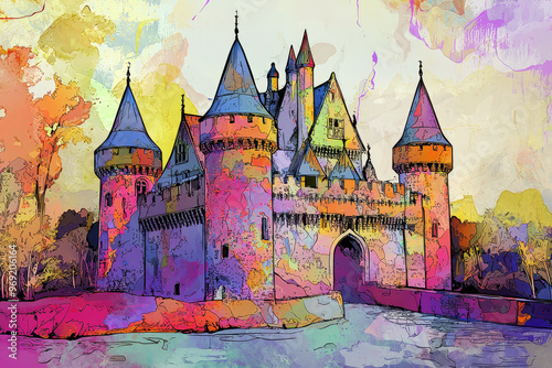 A colorful depiction of historic castle with turrets, surrounded by vibrant scenery