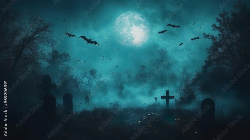 Fototapeta premium Spooky Halloween ghost floating dark night sky with bats glowing moon wallpaper