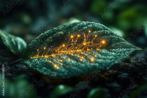 futuristic plantcomputer hybrid glowing circuitry intertwined with organic leaves scifi meets nature ethereal digital growth concept photo