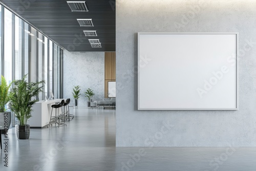 corporate branding identity logo display white blank frame mockup with modern business offices reception background as banner with generative ai