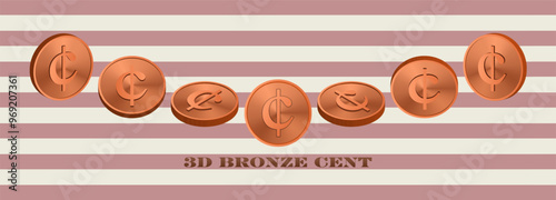 Vector set, 3d bronze cent in different projections. Volumetric coin, badge or token. Collection of metal copper icons. Finance, small money. Symbol.