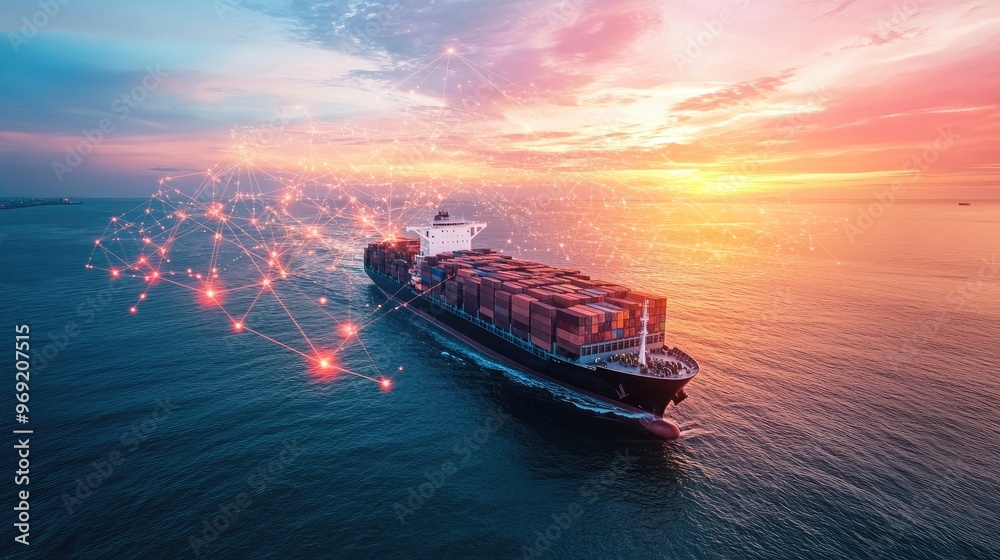 Container ship at sea with digital network links, digital trade network connection concept, global shipping industry Container ship at sea with digital network links, digital trade network connection concept, global shipping industry