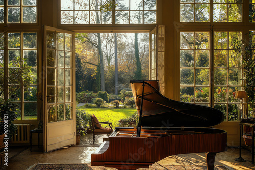 A grand piano in lounge with beautiful garden view creates serene atmosphere