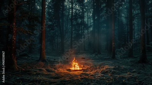 Campfire burning in dark forest at night mystical wilderness, nature, tranquility, adventure, camping