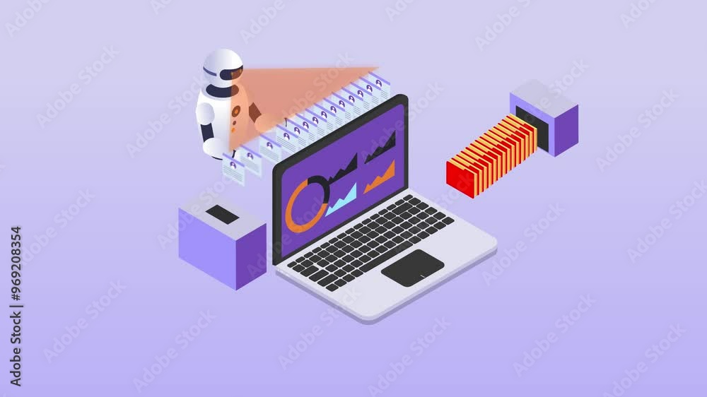 Robot analyzes the database of employees or personnel isometric 3d animation cartoon Robot analyzes the database of employees or personnel isometric 3d animation cartoon