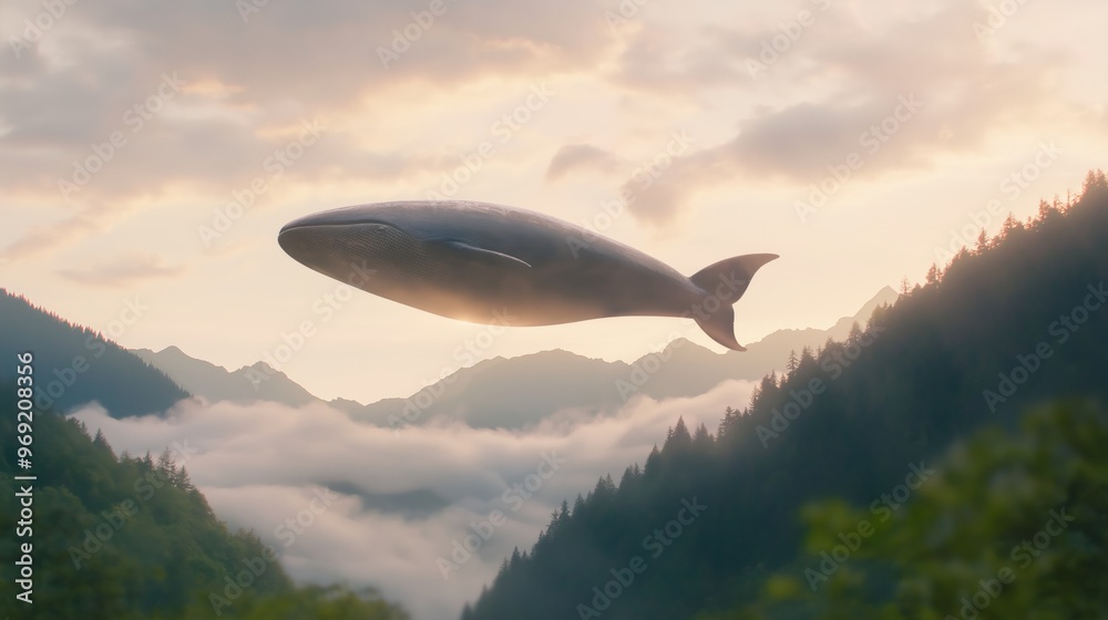 A surreal floating whale above mist-covered mountains at dawn, showcasing nature's beauty and imagination. A surreal floating whale above mist-covered mountains at dawn, showcasing nature's beauty and imagination.