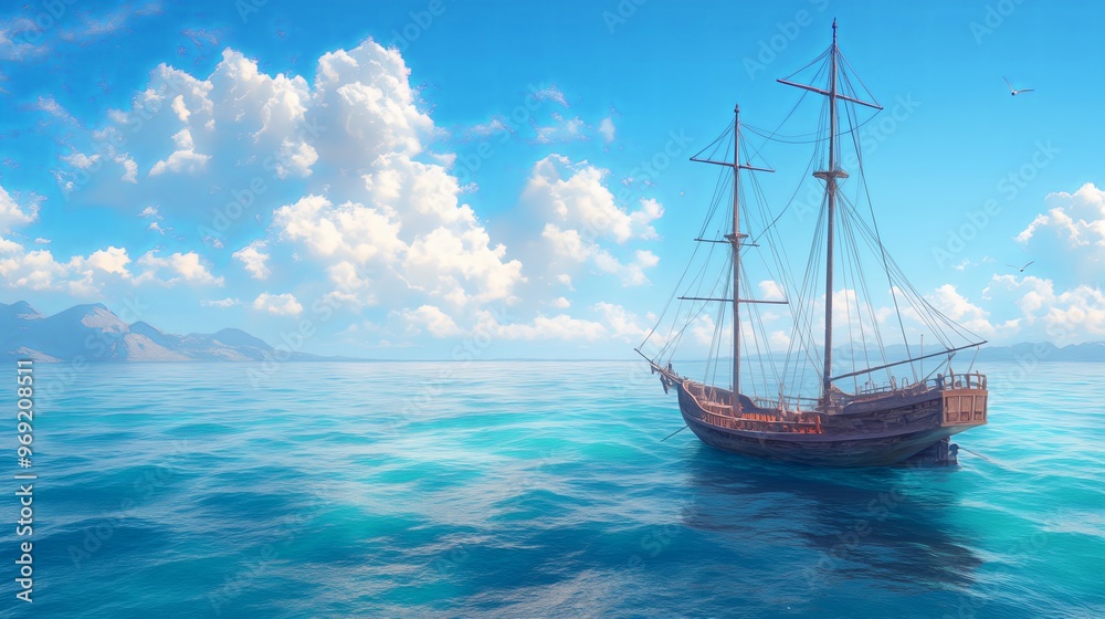 Wooden Sailboat Floating in Crystal Clear Water on a Bright Day Wooden Sailboat Floating in Crystal Clear Water on a Bright Day