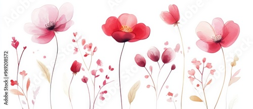 Wallpaper Mural Abstract Floral Art Featuring Pink and Red Flowers on a White Background. Minimalist Vector Illustration with Simple Lines and Shapes, Presented as a Triptych. Torontodigital.ca