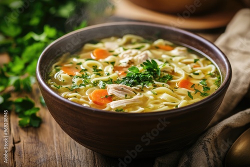 A cozy bowl of steaming chicken noodle soup with fresh herbs on a rustic wooden table