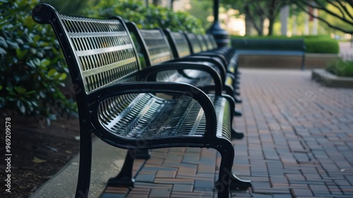 A row of black metal benches in a park setting, inviting relaxation and social interaction among visitors.