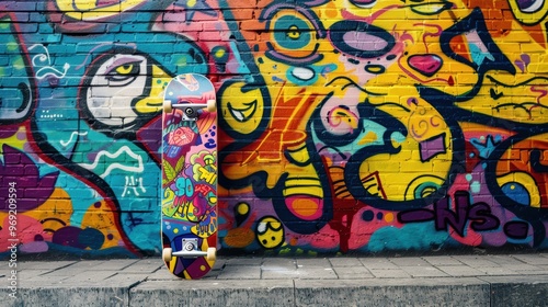 Vibrant skateboard in front of colorful graffiti wall in urban setting