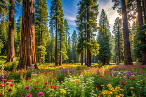 A hidden meadow with bright, colorful flowers surrounded by towering redwood trees. photo