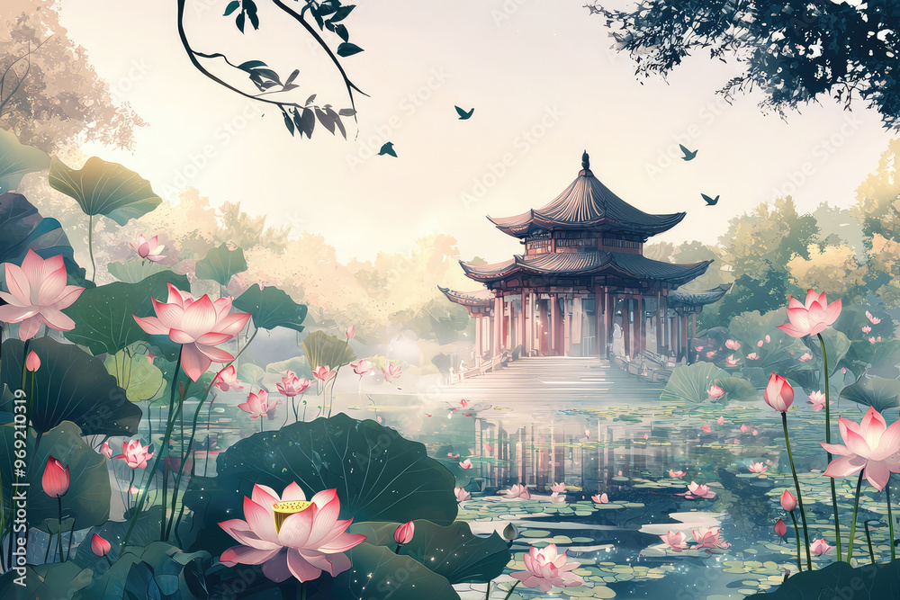 Obraz premium A serene illustration of temple surrounded by lotus flowers and lush greenery