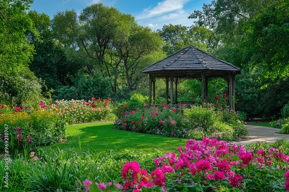 Obraz premium A serene view of botanical garden with colorful flowers and gazebo
