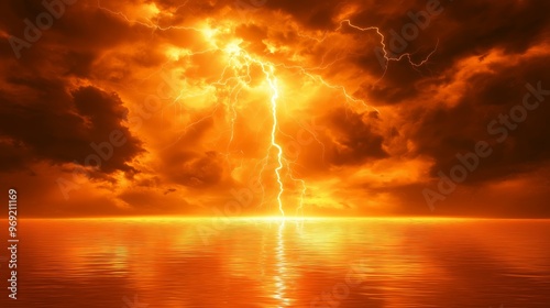 A dramatic lightning strike illuminates a calm lake at night, with dark storm clouds and an orange glow reflecting on the water's surface photo