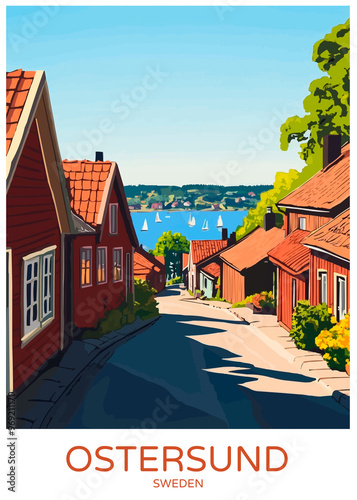 Ostersund Sweden Poster Illustration Travel Print Decor Gift Paper Canvas Wall Retro Art photo