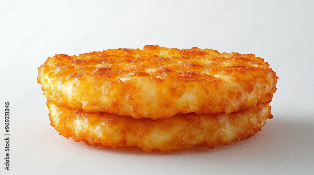 Golden Crispy Delicious Potato Hash Browns Close-Up on White Background Golden Crispy Delicious Potato Hash Browns Close-Up on White Background