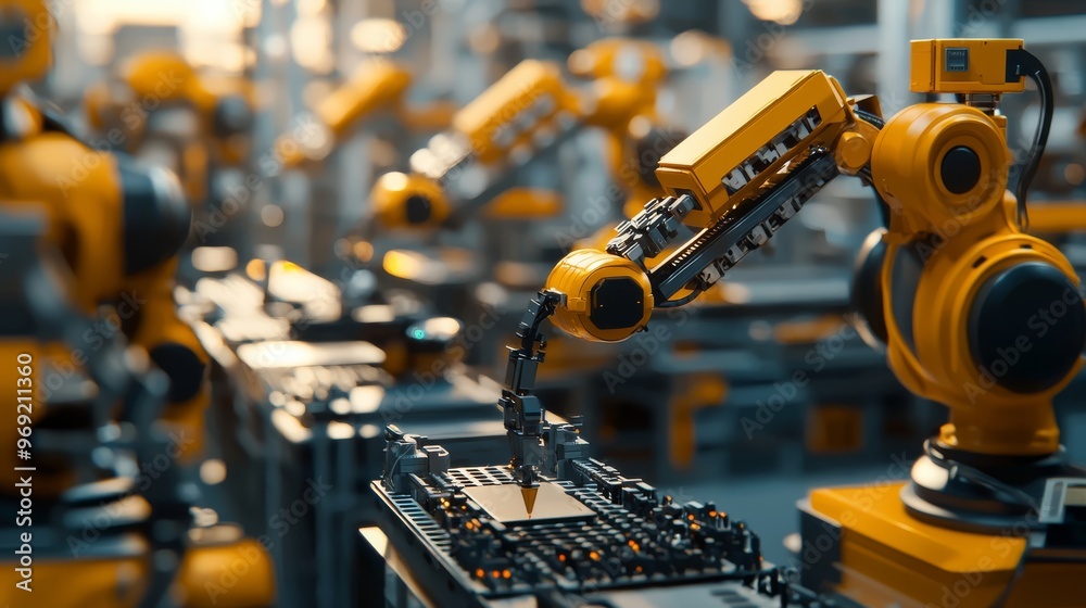 A photorealistic view of a smart industrial plant where robotic arms perform intricate assembly tasks A photorealistic view of a smart industrial plant where robotic arms perform intricate assembly tasks