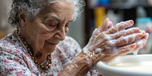 Elderly woman applies lotion to her hands.