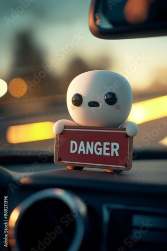 A cute 3d car dashboard cartoon figure holding a sign with the text 