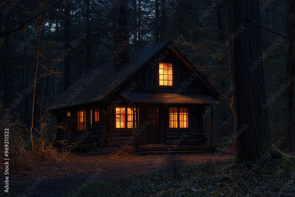 A rustic cabin in woods, warmly lit at night, evokes cozy atmosphere A rustic cabin in woods, warmly lit at night, evokes cozy atmosphere