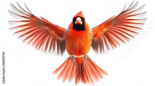 Graceful Red Cardinal Soaring in Mid-Flight on a White Background
